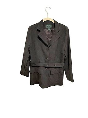 Ralph Lauren Charcoal Worsted Wool Women's Single-Breasted Blazer w/Belted Waist